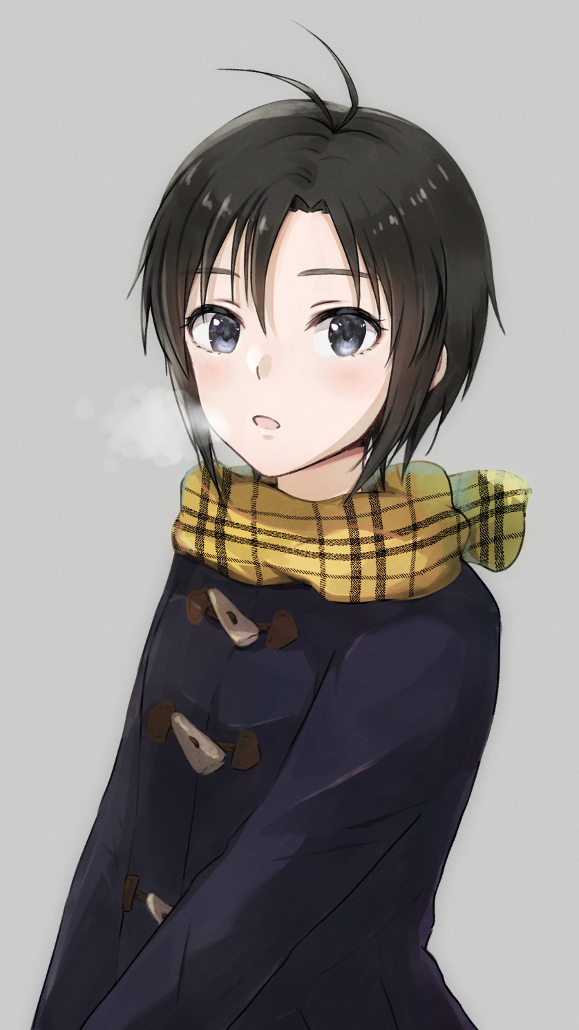 1girl antenna_hair bangs black_eyes black_hair blue_coat breath coat commentary duffel_coat grey_background highres idolmaster idolmaster_(classic) idolmaster_2 kikuchi_makoto long_sleeves looking_at_viewer mogskg open_mouth plaid plaid_scarf scarf short_hair simple_background solo toggles upper_body v_arms yellow_scarf