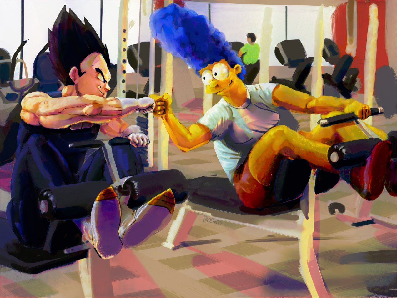 1boy 1girl black_hair blue_hair bodko_(comradebodko) colored_skin crossover dragon_ball dragon_ball_z exercise_machine fist_bump gloves gym jewelry marge_simpson muscular muscular_female muscular_male shirt short_sleeves shorts smile the_simpsons vegeta white_shirt yellow_skin