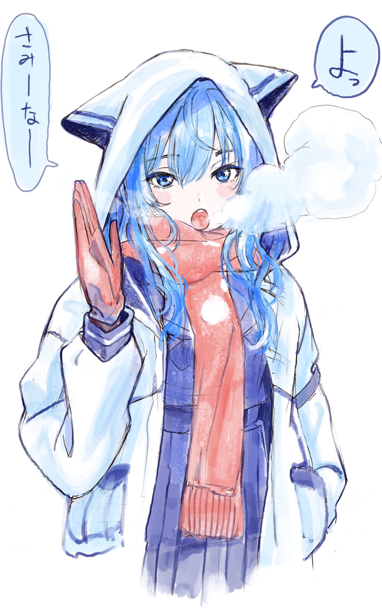 1girl ahoge animal_hood blue_eyes blue_shirt blue_skirt blush breasts breath cold commentary cowboy_shot cropped_torso eyebrows_visible_through_hair fuyaketa gloves hair_between_eyes hand_in_pocket highres hololive hood hood_up hooded_coat hoshimachi_suisei light_blue_hair long_hair looking_at_viewer official_alternate_costume open_mouth pleated_skirt red_gloves red_scarf scarf shirt simple_background skirt small_breasts solo speech_bubble star_(symbol) star_in_eye symbol_in_eye teeth traditional_media translated upper_teeth virtual_youtuber waving white_background