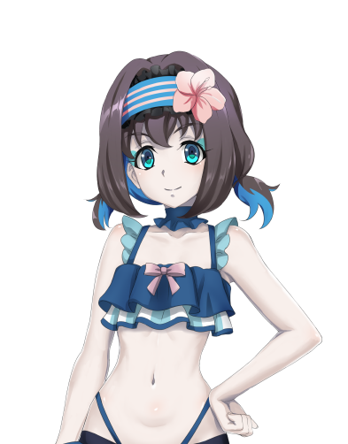 1girl bikini black_hair blue_bikini blue_eyes blue_hair blush choker closed_mouth flower frilled_bikini frills fujikawa_daichi garie_tuman hair_flower hair_ornament hand_on_hip looking_at_viewer multicolored_hair navel senki_zesshou_symphogear shiny shiny_hair shiny_skin short_hair simple_background smile solo swimsuit transparent_background upper_body