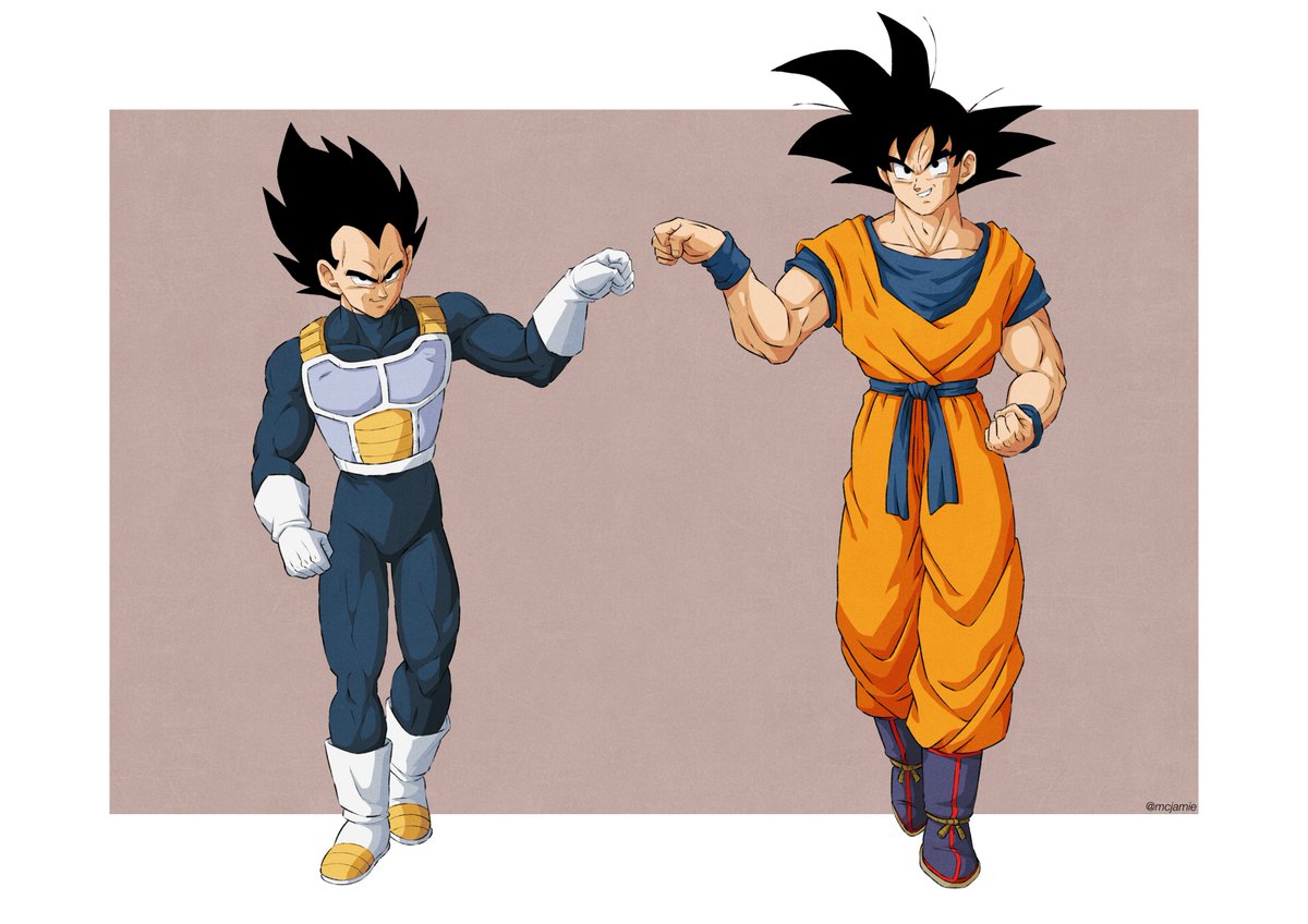 2boys armor black_eyes black_hair boots clenched_hands commentary dougi dragon_ball dragon_ball_z fist_bump gloves grey_background jamie_loughran male_focus multiple_boys muscular muscular_male redrawn smile son_goku spiky_hair vegeta walking white_gloves wristband