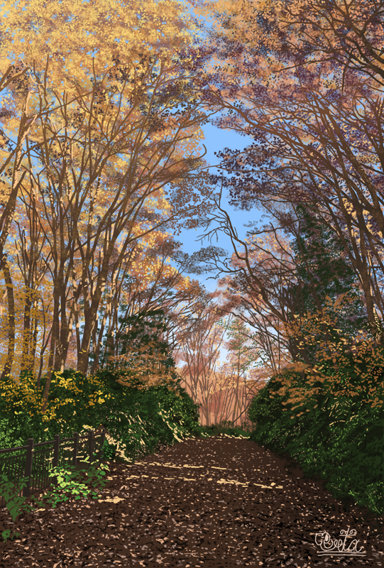 autumn autumn_leaves blue_sky day fence leaf maple_leaf no_humans original outdoors path scenery signature sky suupii