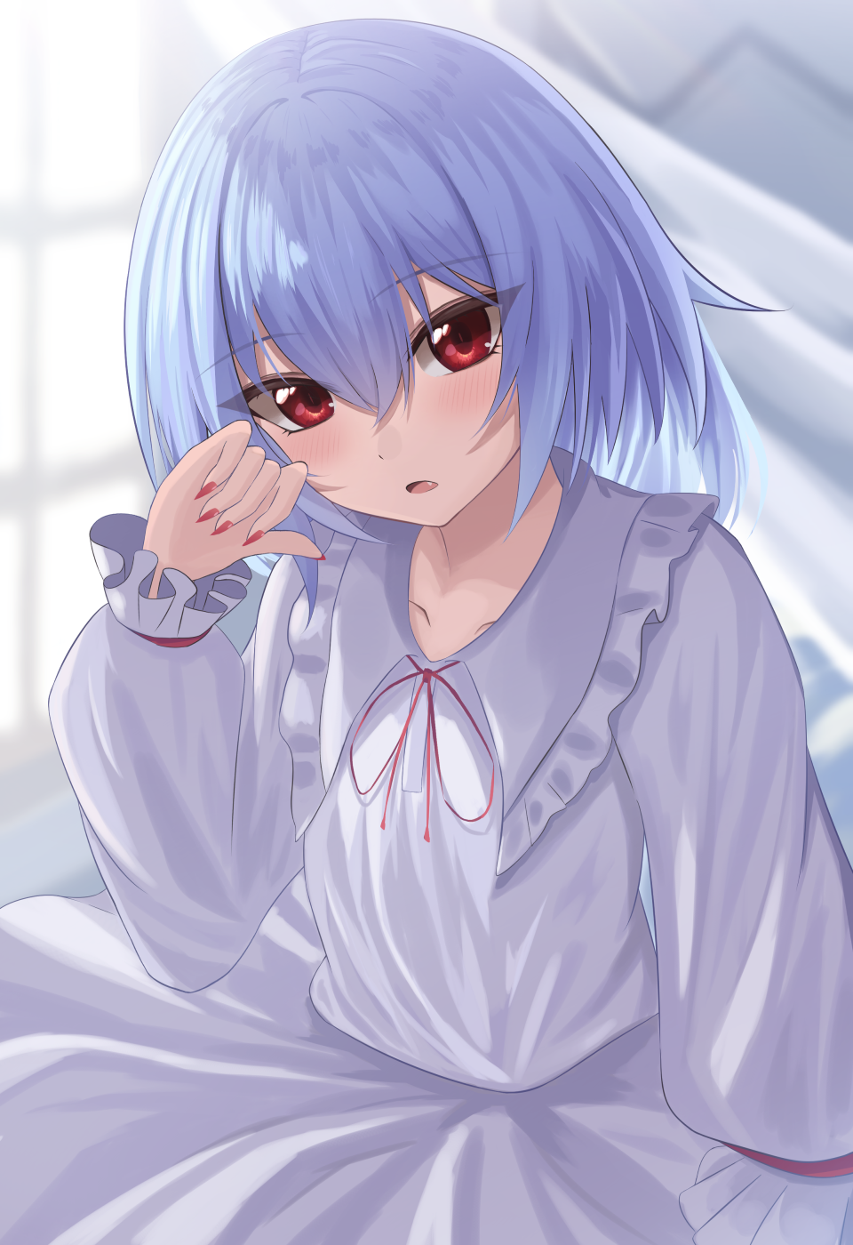 1girl blurry blurry_background blush fang hair_between_eyes highres indoors looking_at_viewer medium_hair nail_polish no_hat no_headwear parted_lips puffy_sleeves purple_hair red_eyes red_nails remilia_scarlet solo souyoru touhou window
