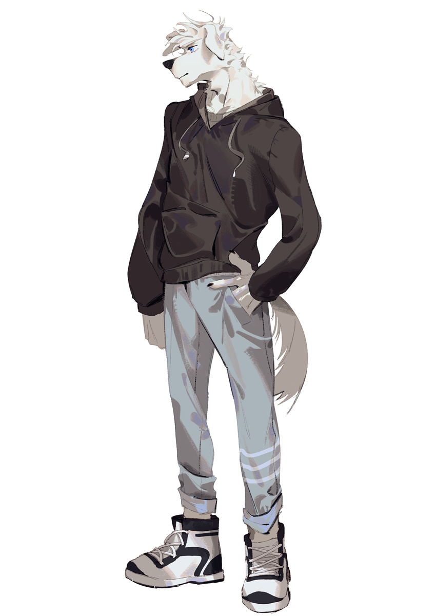 1boy animal_ears black_hoodie body_fur dog_boy dog_ears dog_tail full_body furry furry_male grey_pants highres hood hoodie male_focus original pants seato-hao shoes short_hair skinny snout solo tail white_background white_fur white_hair