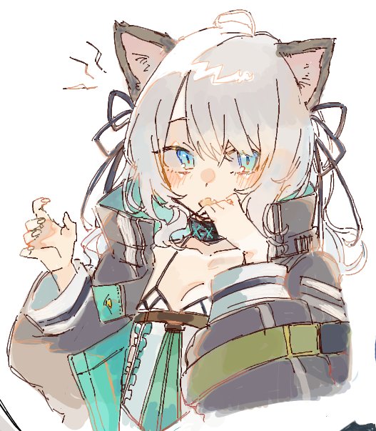 1girl aaoshigatoutoi animal_ears arknights bangs black_jacket black_ribbon blue_eyes camisole collarbone commentary cropped_torso eyebrows_behind_hair fake_animal_ears fang grey_hair hair_between_eyes hair_ribbon hands_up jacket long_sleeves looking_at_viewer mint_(arknights) open_clothes open_jacket open_mouth puffy_long_sleeves puffy_sleeves ribbon simple_background solo upper_body white_background white_camisole