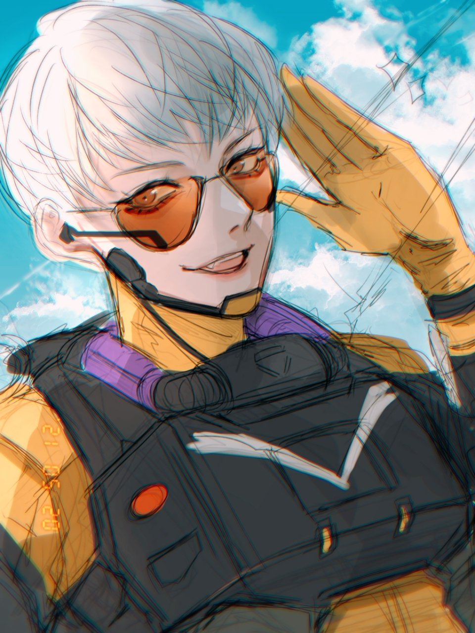 1girl apex_legends bangs bodysuit brown_eyes clouds grey_hair headset highres looking_at_viewer open_mouth orange_bodysuit portrait salute short_hair sketch sky smile solo sparkle sunglasses tama_(ponz3o1) unfinished valkyrie_(apex_legends)