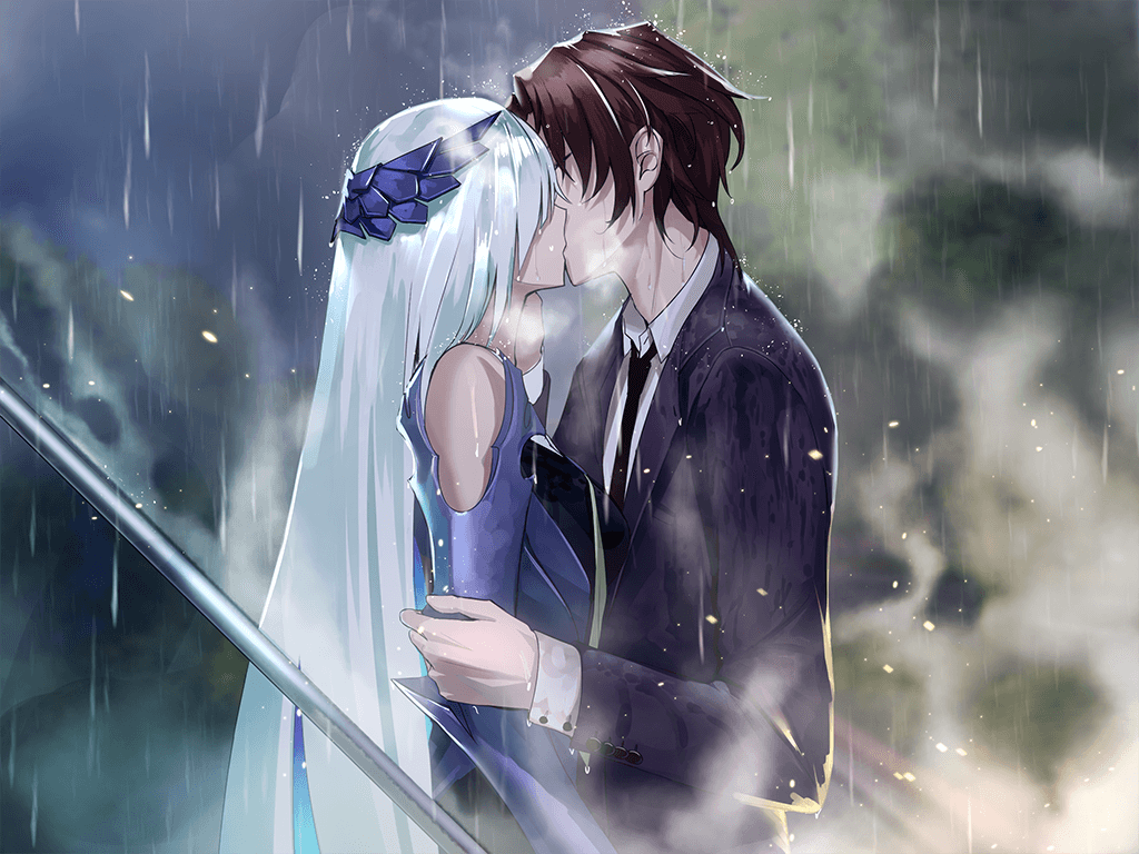 1boy 1girl black_jacket black_neckwear blurry blurry_background brown_hair brynhildr_(fate) collared_shirt couple eyebrows_visible_through_hair fate/empire_of_dirt fate_(series) game_cg hair_over_eyes hetero ikemeru19 jacket kiss long_hair long_sleeves necktie outdoors profile rain shiny shiny_hair shirt short_hair silver_hair standing straight_hair upper_body very_long_hair wet_jacket white_shirt wing_collar