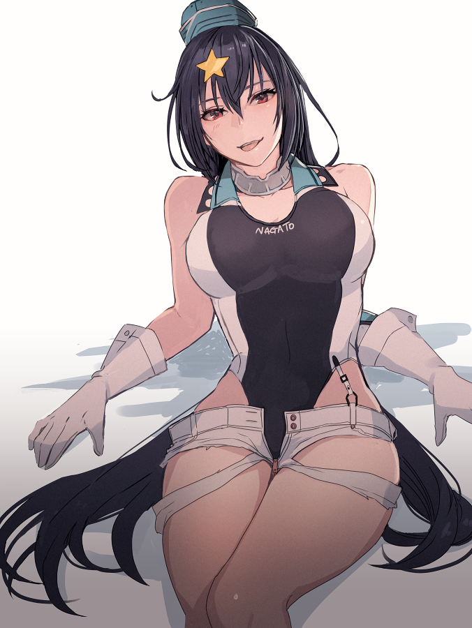 1girl aqua_headwear bare_shoulders black_hair black_swimsuit blush breasts clothes_writing competition_swimsuit cosplay feet_out_of_frame garrison_cap gloves hair_between_eyes hair_ornament hat highleg highleg_swimsuit kantai_collection kasumi_(skchkko) large_breasts long_hair nagato_(kancolle) one-piece_swimsuit open_mouth red_eyes scamp_(kancolle) scamp_(kancolle)_(cosplay) short_shorts shorts smile solo star_(symbol) star_hair_ornament swimsuit tongue tongue_out white_gloves white_shorts