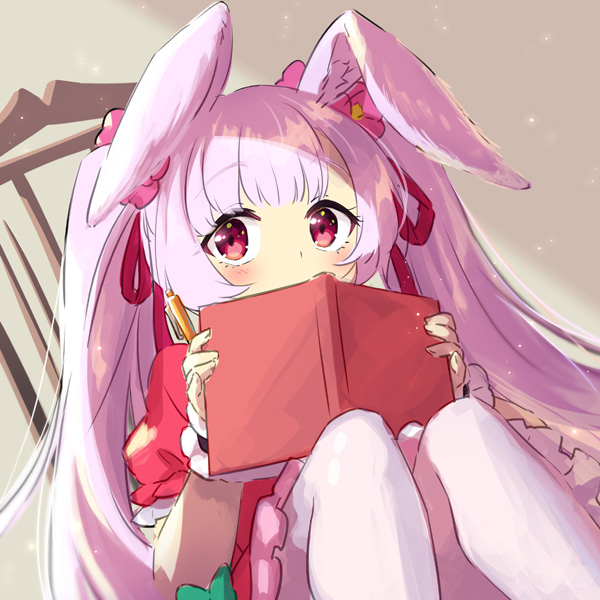 1girl animal_ear_fluff animal_ears bangs blush book bow chair covering_mouth dress eyebrows_visible_through_hair flower hair_bow hair_flower hair_ornament hair_ribbon hisana holding holding_book holding_pen long_hair looking_at_viewer original pen pink_dress pink_eyes pink_hair rabbit_ears red_bow red_ribbon ribbon sitting solo white_legwear wristband