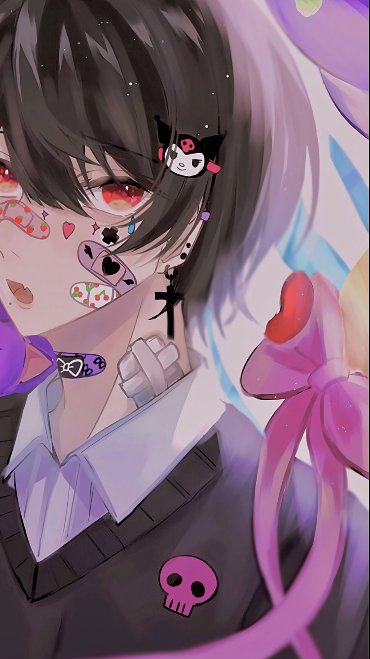 1other 90_cis androgynous bandaid black_hair bow brown_hair cross ear_piercing fang hair_ornament hairclip highres illustrator looking_at_viewer mole mole_under_mouth original pale_skin piercing red_eyes skull sticker yami_kawaii