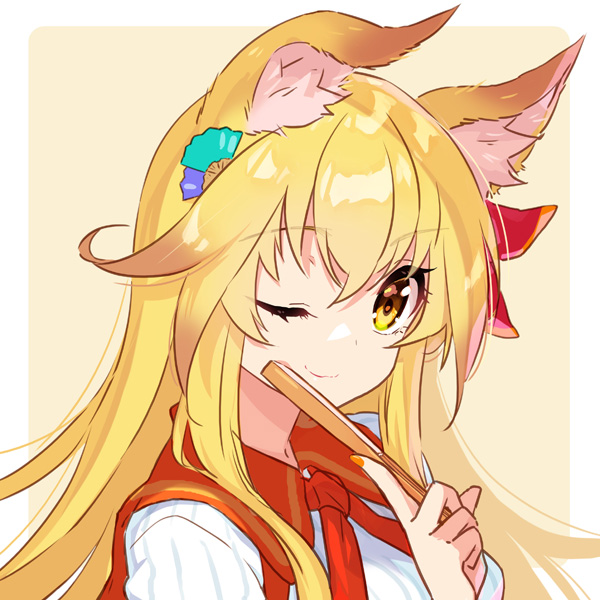 1girl ;) animal_ear_fluff animal_ears bangs blonde_hair blouse closed_fan eyebrows_visible_through_hair fan_hair_ornament fan_to_mouth folding_fan fox_ears fox_girl hair_between_eyes hand_fan hand_up hisana holding holding_fan long_hair looking_at_viewer nail_polish one_eye_closed orange_nails original portrait shiny shiny_hair simple_background smile solo white_blouse yellow_eyes