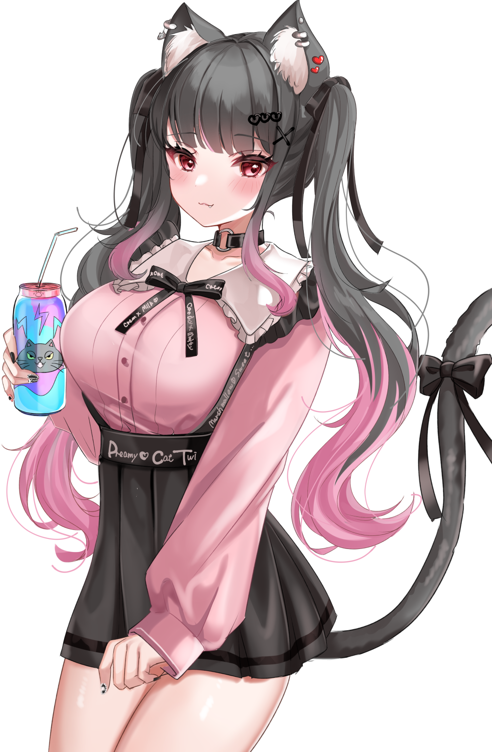 1girl :3 animal_ear_fluff animal_ears black_nails black_skirt breasts cat_ears cat_tail choker collar collared_shirt colored_tips cowboy_shot dress_shirt drink drinking_straw ear_piercing earrings frilled_collar frills gradient_hair hair_ornament hairclip heart heart_hair_ornament high-waist_skirt highres holding holding_drink industrial_piercing jewelry katsushika_pachi large_breasts long_sleeves looking_at_viewer multicolored_hair nail_art neck_ribbon o-ring o-ring_choker original panties piercing pink_hair pink_shirt red_eyes ribbon shirt sidelocks simple_background skirt skirt_hold skirt_tug smile solo suspender_skirt suspenders tail tented_shirt twintails two-tone_hair underwear