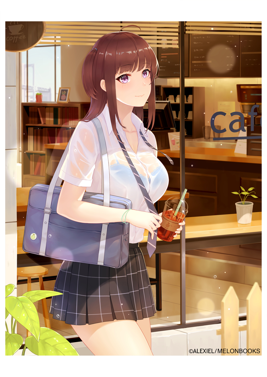 1girl ahoge alexiel_(pixiv6211566) bag bangs blue_bra blunt_bangs bookshelf border bra bra_visible_through_clothes bracelet breasts brown_hair cafe checkered_clothes checkered_skirt closed_mouth collared_shirt commentary_request counter cowboy_shot cup dress_shirt eyebrows_visible_through_hair glass highres holding holding_cup holding_tie jewelry large_breasts long_hair original plant school_bag school_uniform see-through shirt short_sleeves sidelocks skirt smile solo standing storefront thighs underwear undone_necktie uniform violet_eyes wet wet_clothes white_border white_shirt window