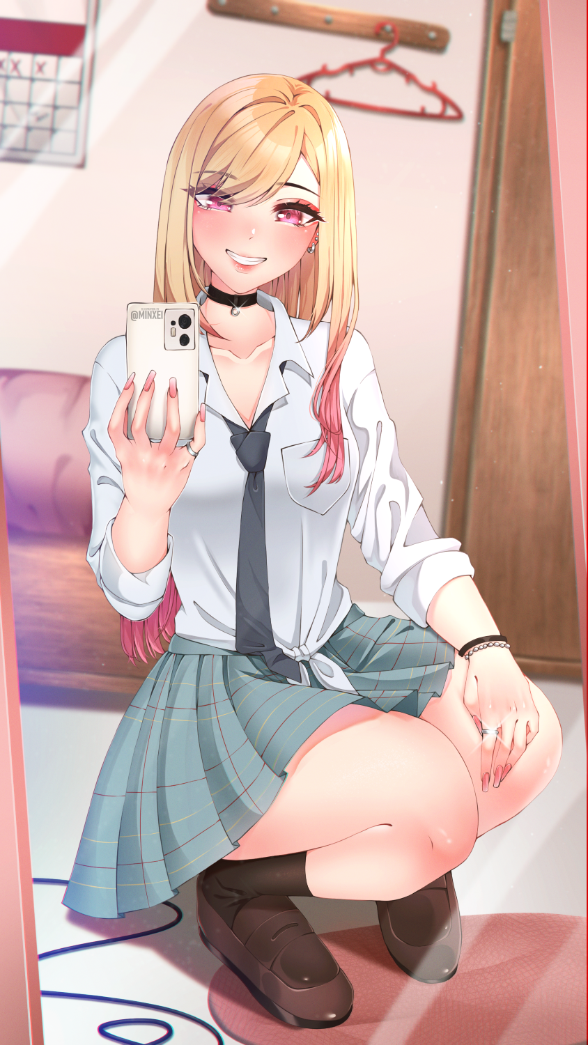 1girl bangs black_legwear blonde_hair blush breasts cellphone choker clothes_hanger earrings eyebrows_visible_through_hair gradient_hair grin highres jewelry kitagawa_marin loafers long_hair minxei multicolored_hair necktie phone pink_hair pleated_skirt school_uniform shoes skirt smartphone smile socks solo sono_bisque_doll_wa_koi_wo_suru squatting violet_eyes