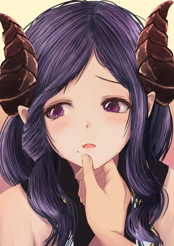 1girl blush close-up dc24v demon_girl demon_horns eyebrows_visible_through_hair face hand_on_another's_chin honey_strap horns long_hair looking_to_the_side mole mole_under_mouth open_mouth pointy_ears pov pov_hands purple_hair saionji_mary solo_focus teeth upper_teeth violet_eyes virtual_youtuber