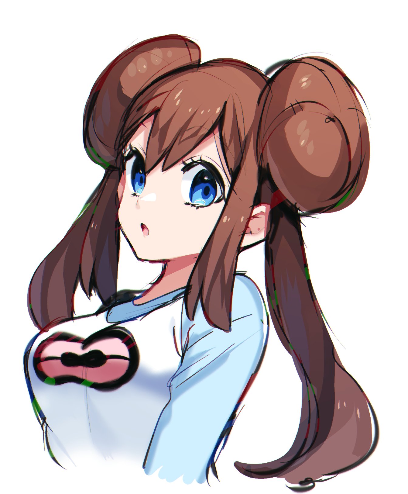 1girl :o bangs blue_eyes blue_sleeves breasts brown_hair cropped_arms cropped_torso double_bun eyebrows_visible_through_hair hair_between_eyes highres long_hair looking_at_viewer medium_breasts pokemon pokemon_(game) pokemon_bw2 print_shirt rosa_(pokemon) shiny shiny_hair shirt simple_background sketch solo twintails very_long_hair white_background white_shirt yuihico