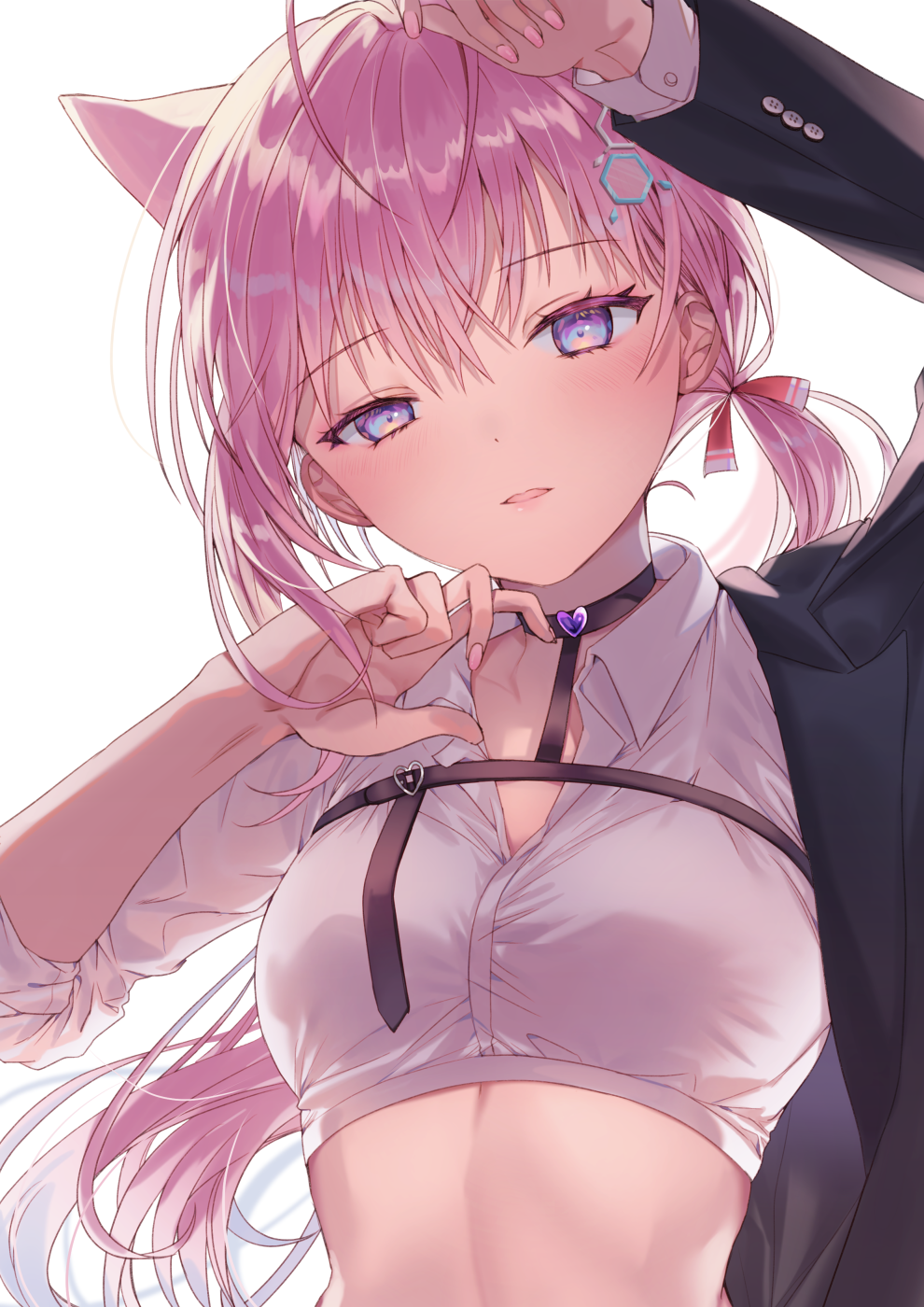 1girl animal_ears antenna_hair arm_up bangs black_choker black_jacket blue_eyes breasts choker collared_shirt commentary_request crop_top dabi_(dabibubi) dress_shirt eyebrows_visible_through_hair hair_between_eyes hair_ornament hakui_koyori head_tilt heart highres hololive jacket long_hair long_sleeves low_ponytail nail_polish parted_lips pink_hair pink_nails ponytail shirt simple_background small_breasts solo upper_body very_long_hair virtual_youtuber white_background