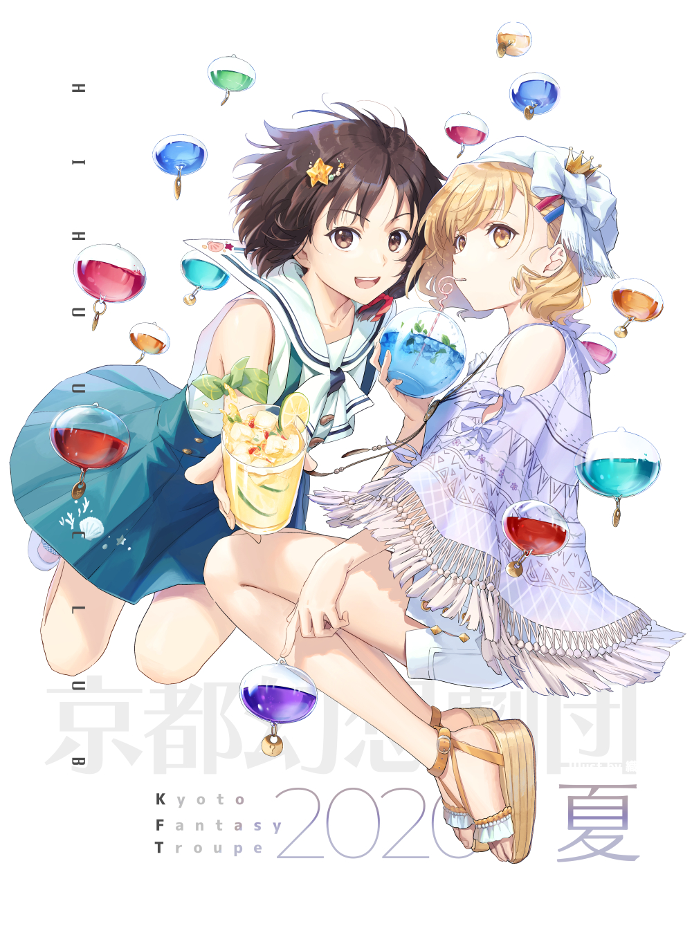 2020 adapted_costume alternate_costume crown dress drinking_straw english_text hair_ornament hairpin hat highres karaori lemonade maribel_hearn mary_janes mob_cap no_headwear orb purple_shirt sailor_collar sailor_dress sandals shirt shoes shorts star_pin toes touhou usami_renko white_footwear white_shorts