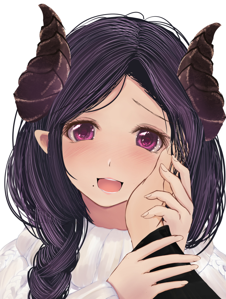 1girl :d blush braid dc24v demon_girl demon_horns eyebrows_visible_through_hair hand_grab hand_on_another's_cheek hand_on_another's_face honey_strap horns long_hair looking_at_viewer mole mole_under_mouth nose_blush open_mouth pointy_ears pov pov_hands purple_hair saionji_mary smile solo_focus sweater violet_eyes virtual_youtuber white_background white_sweater