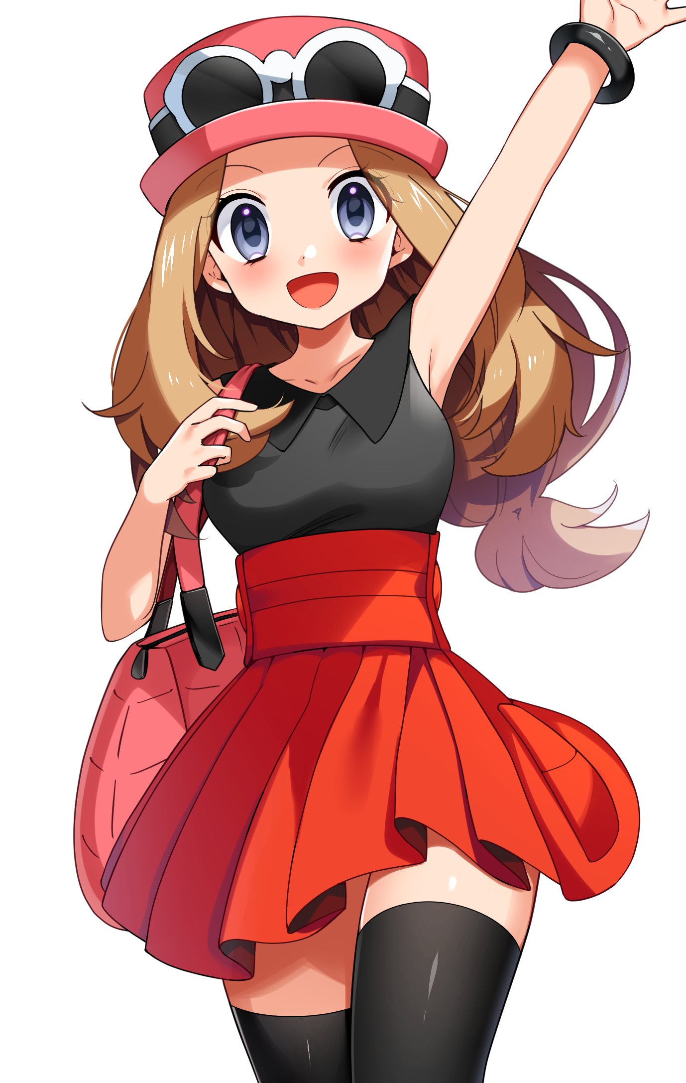 1girl :d arm_up armpits bag bare_arms black_legwear black_shirt blue_eyes blush bracelet brown_hair collarbone cowboy_shot eyewear_on_headwear high-waist_skirt highres holding holding_bag jewelry long_hair looking_at_viewer low-tied_long_hair miniskirt pink_headwear pleated_skirt pokemon pokemon_(game) pokemon_xy red_skirt serena_(pokemon) shiny shiny_clothes shiny_hair shiny_legwear shiny_skin shirt simple_background skirt sleeveless sleeveless_shirt smile solo standing sunglasses thigh-highs white-framed_eyewear white_background yuihico zettai_ryouiki