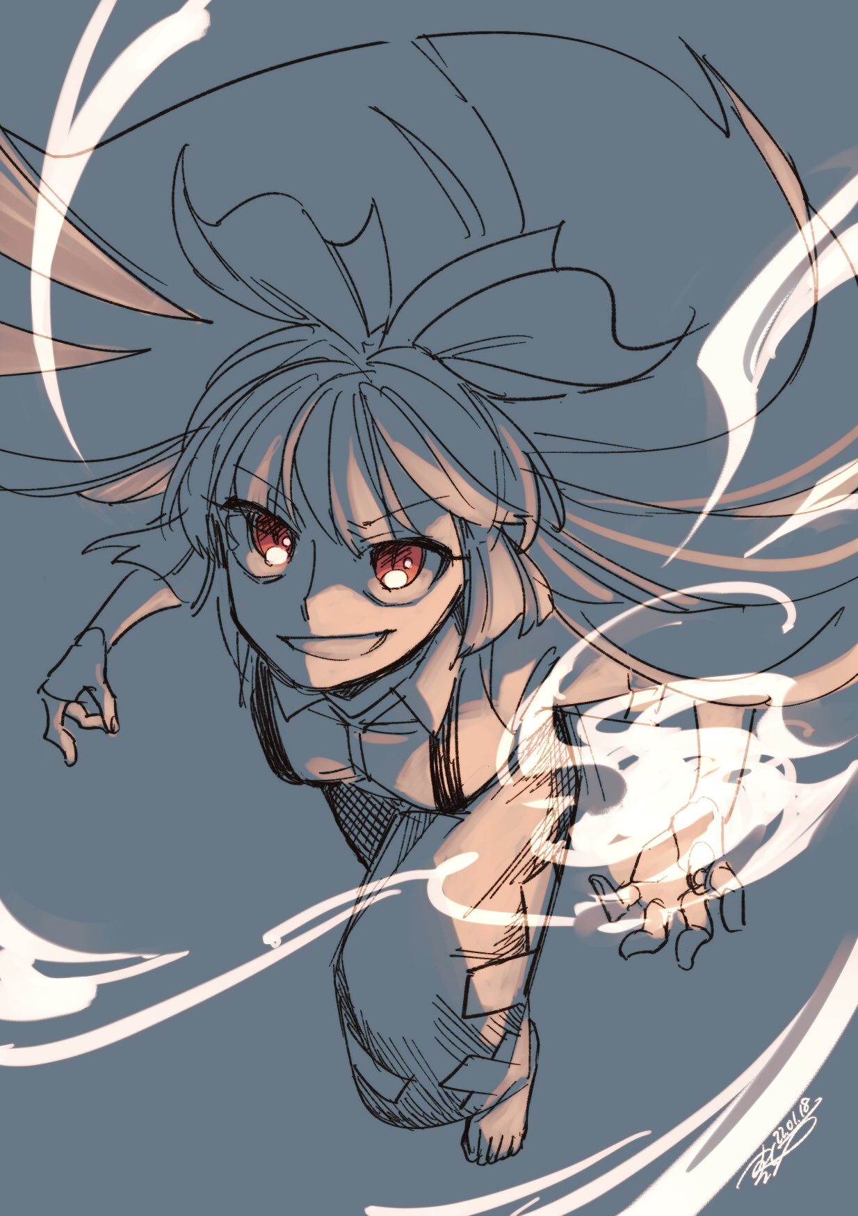 1girl 2022 arms_up bangs barefoot bow breasts closed_mouth collared_shirt eyebrows_visible_through_hair fire flying fujiwara_no_mokou grey_background hair_bow hair_ornament hands_up highres long_hair looking_to_the_side medium_breasts ofuda ofuda_on_clothes one-hour_drawing_challenge pants red_eyes shikido_(khf) shirt short_sleeves signature simple_background smile solo teeth touhou