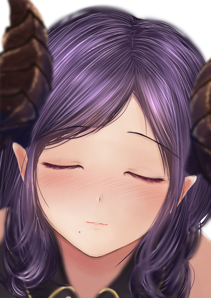 1girl blush close-up closed_eyes dc24v demon_girl demon_horns embarrassed eyebrows_visible_through_hair face facing_viewer honey_strap horns incoming_kiss long_hair mole mole_under_mouth nose_blush pointy_ears pov purple_hair saionji_mary solo virtual_youtuber