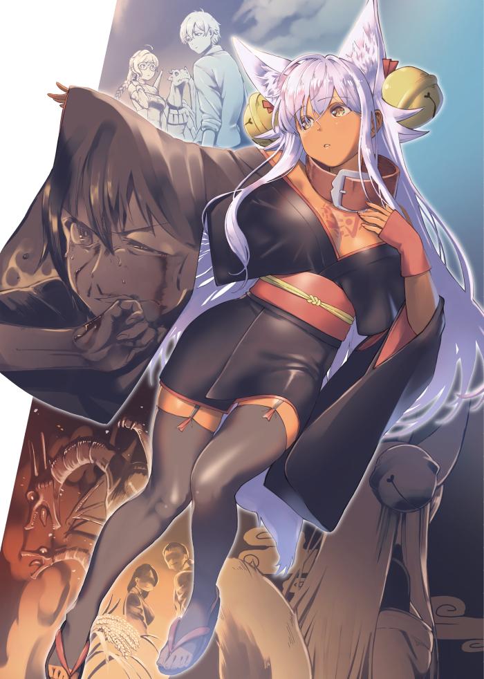 2boys 2girls animal_ears bangs bell black_kimono black_legwear blood breasts chest_tattoo collar eyebrows_visible_through_hair faceless fox_ears fox_girl fox_tail garter_straps hair_bell hair_between_eyes hair_ornament hand_on_own_chest herio japanese_clothes kimono light_brown_eyes long_hair looking_away medium_breasts multiple_boys multiple_girls multiple_others obi okobo open_mouth original outstretched_arm reaching_out sandals sash short_kimono solo_focus tail tattoo tears thigh-highs toeless_legwear