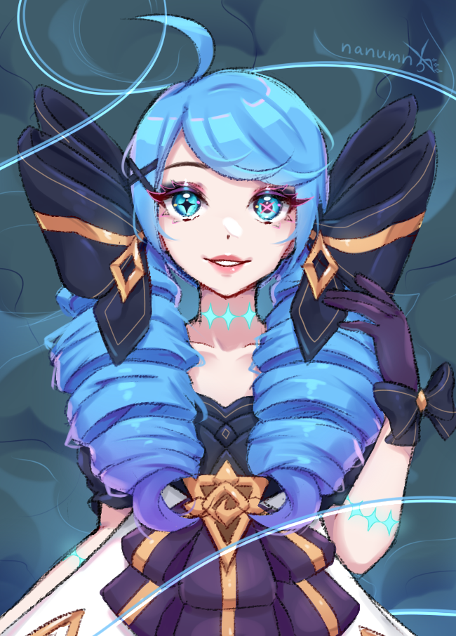 1girl ahoge artist_name bangs black_bow black_gloves black_ribbon black_sleeves blue_hair bow collarbone dress drill_hair gloves green_eyes grey_background gwen_(league_of_legends) hair_bow hair_ornament hand_up league_of_legends long_hair nanumn puffy_short_sleeves puffy_sleeves ribbon shiny shiny_hair short_sleeves solo star-shaped_pupils star_(symbol) symbol-shaped_pupils twin_drills twintails x_hair_ornament