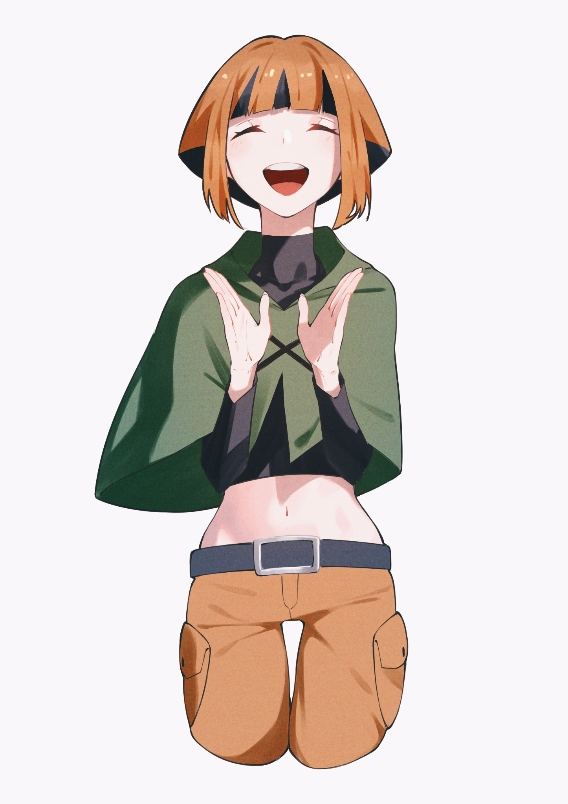 1girl :d aoi_(altea0923) bangs belt black_belt black_hair blunt_bangs closed_eyes cowboy_shot eyelashes facing_viewer gardenia_(pokemon) hands_up happy multicolored_hair navel open_mouth orange_hair pokemon pokemon_(game) pokemon_dppt poncho short_hair shorts smile solo teeth tongue two-tone_hair upper_teeth white_background