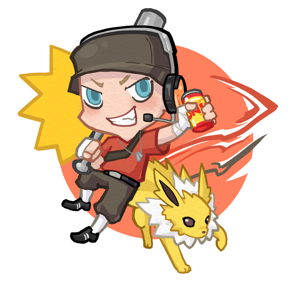 backpack bag bandaged_hand bandages baseball_bat blonde_hair blue_eyes can crossover dog_tags grin hand_wraps headset jolteon male_focus norue67 pokemon smile soda_can team_fortress_2 the_scout