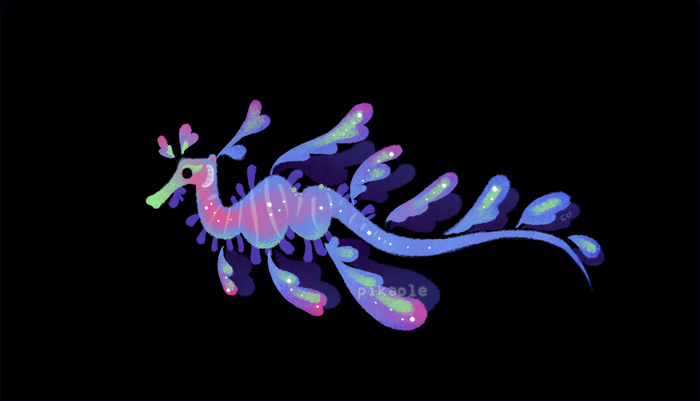 ._. animal animal_focus artist_name black_background black_eyes commentary_request fins from_side leafy_seadragon no_humans original pikaole simple_background tail_fin watermark