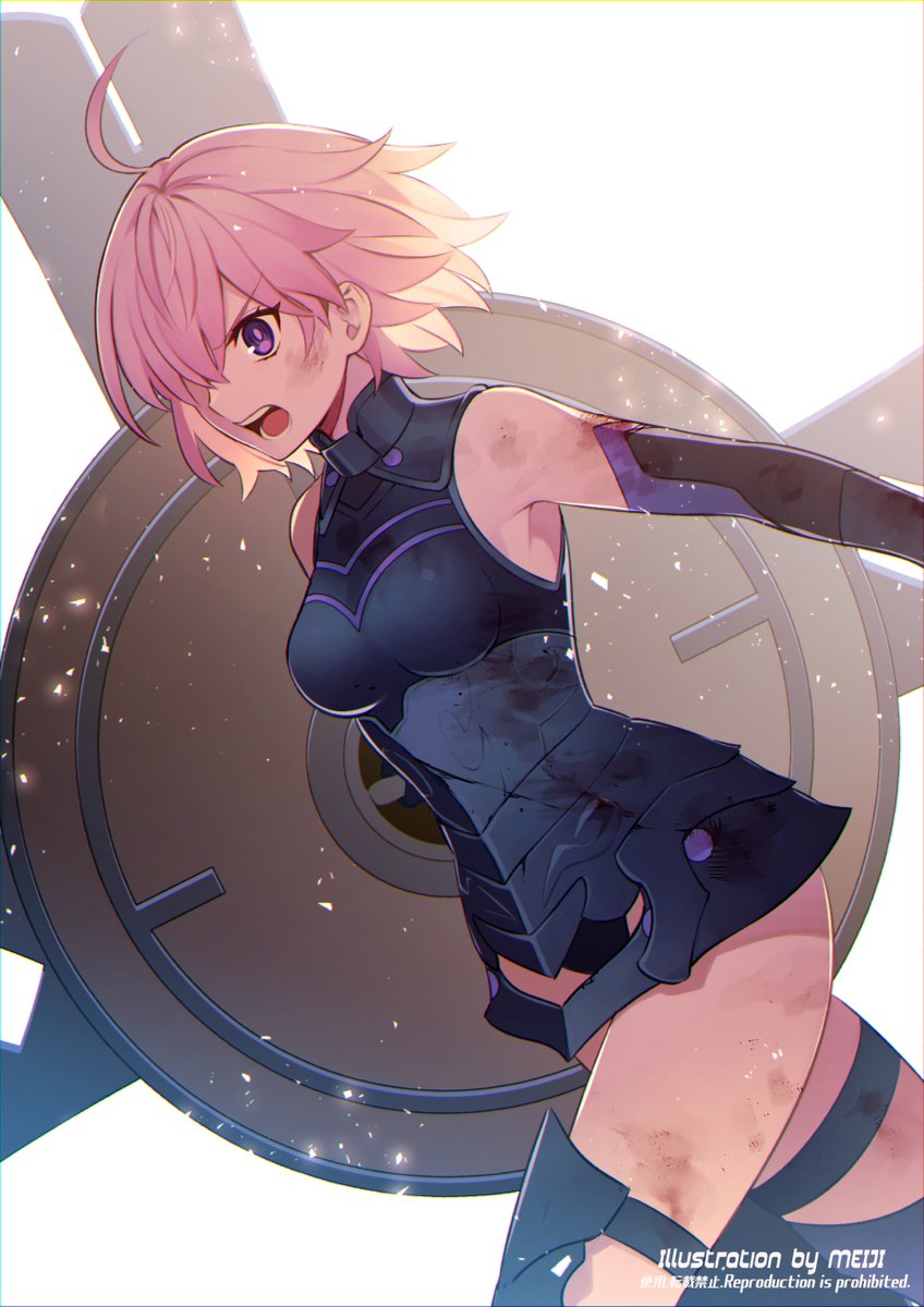 1girl ahoge armor artist_name bare_shoulders black_armor breastplate commentary detached_sleeves eyebrows_visible_through_hair fate/grand_order fate_(series) hair_over_one_eye highres holding holding_shield holding_weapon injury light_particles light_purple_hair looking_away mash_kyrielight meiji_ken one_eye_covered open_mouth shield short_hair solo teeth tongue violet_eyes weapon white_background