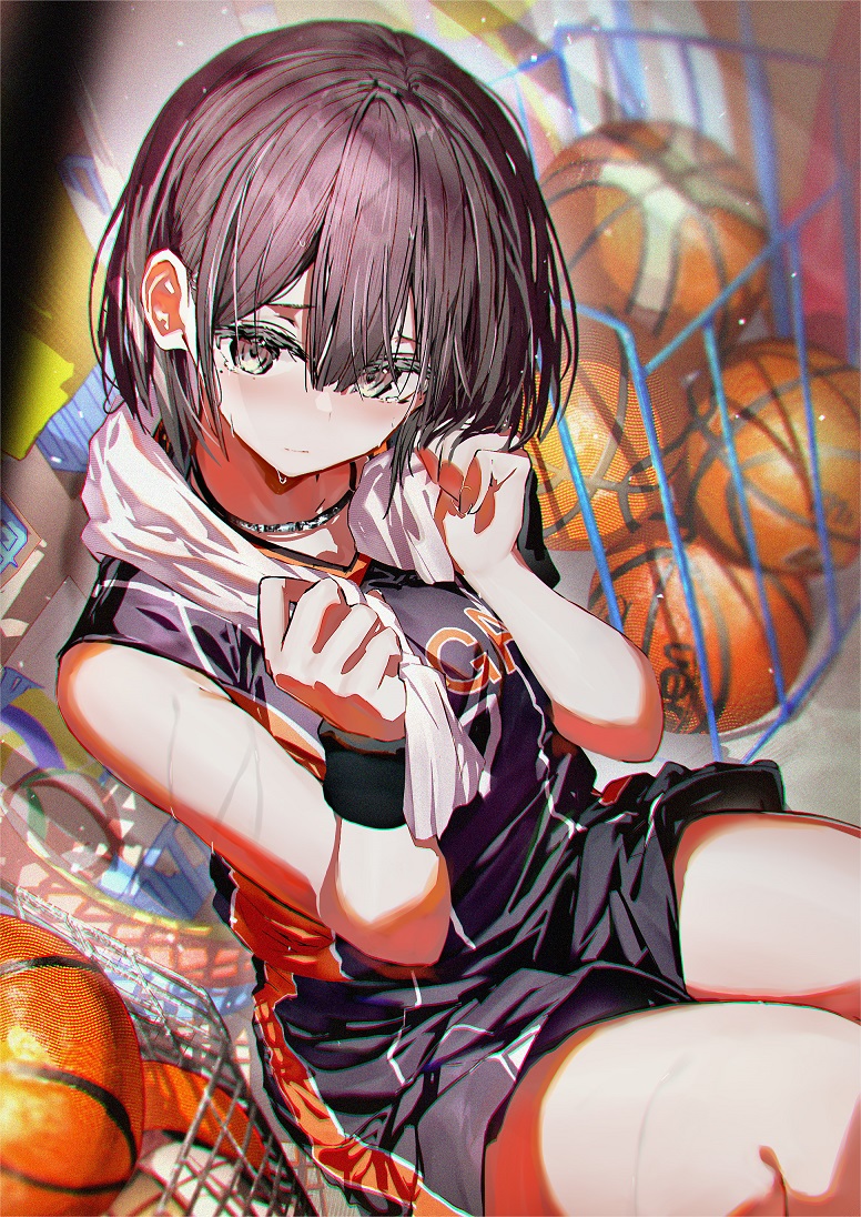 1girl basketball black_eyes black_hair choker comiket_99 commentary_request enj! gym_storeroom holding holding_towel looking_at_viewer original short_hair solo sportswear towel towel_around_neck wristband