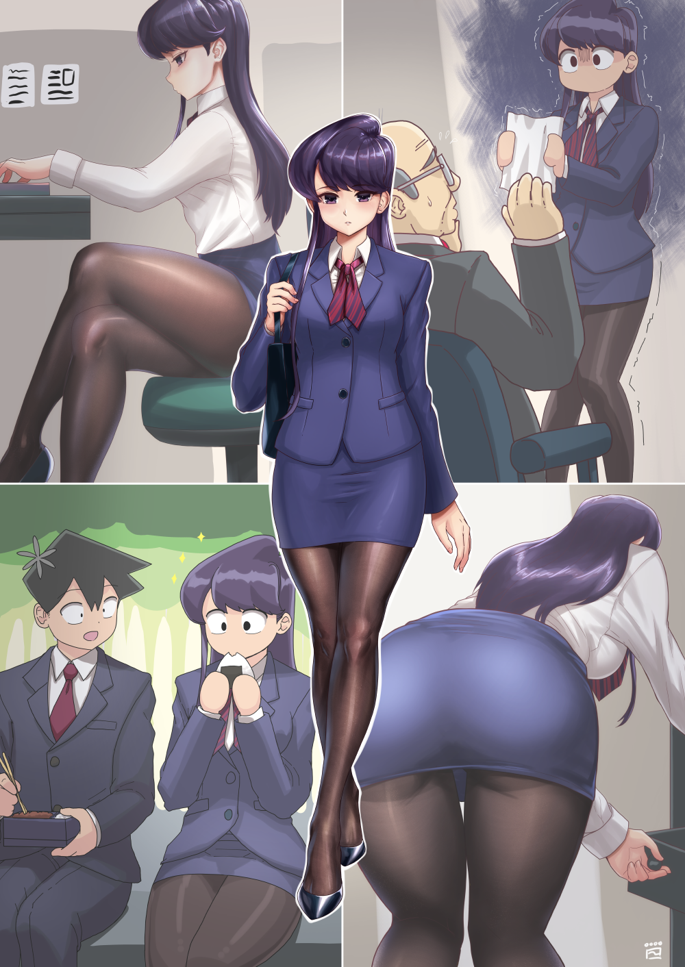 1girl 2boys ass bent_over bento black_hair business_suit chair chopsticks eating finalcake food formal glasses highres komi-san_wa_komyushou_desu komi_shouko leaning_forward long_hair multiple_boys necktie office office_chair office_lady older onigiri panties pantyhose pantyshot pencil_skirt sitting skirt skirt_suit suit tadano_hitohito trembling underwear