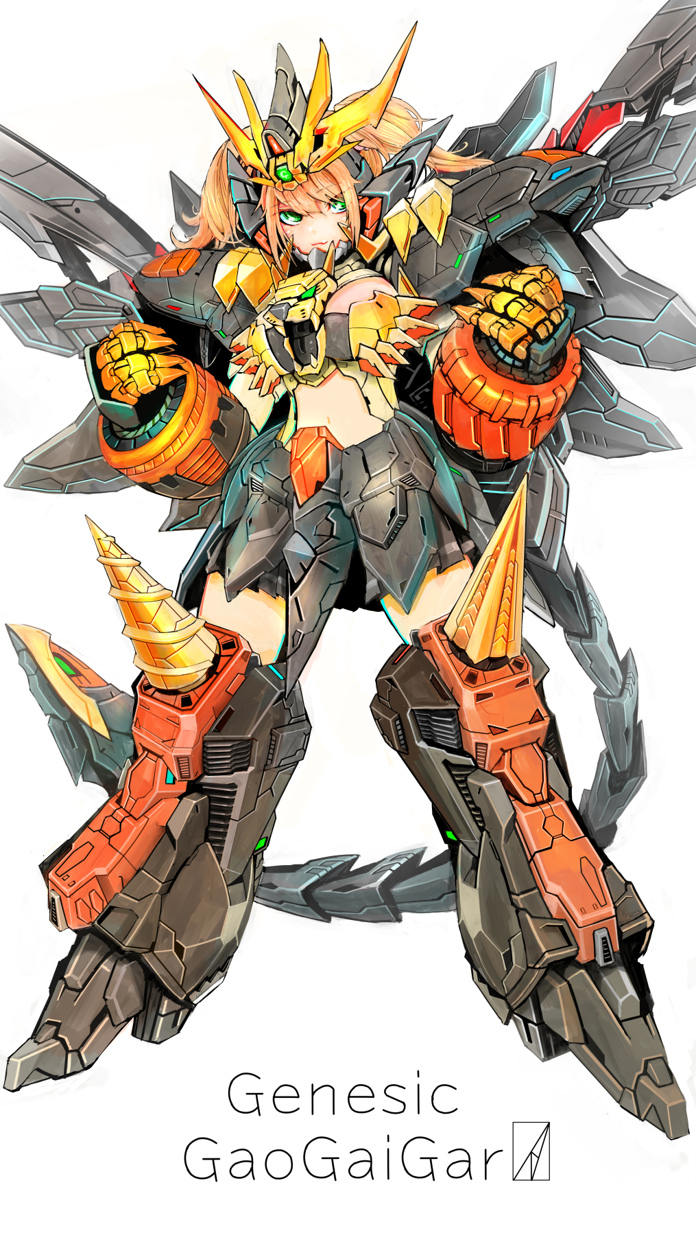 1girl bangs character_name clenched_hands denjyou23 drill frame_arms_girl genesic_gaogaigar green_eyes head_tilt highres looking_at_viewer mecha_musume mechanical_tail mechanical_wings personification smile solo standing tail twintails v-fin white_background wings yuusha_ou_gaogaigar yuusha_ou_gaogaigar_final yuusha_series
