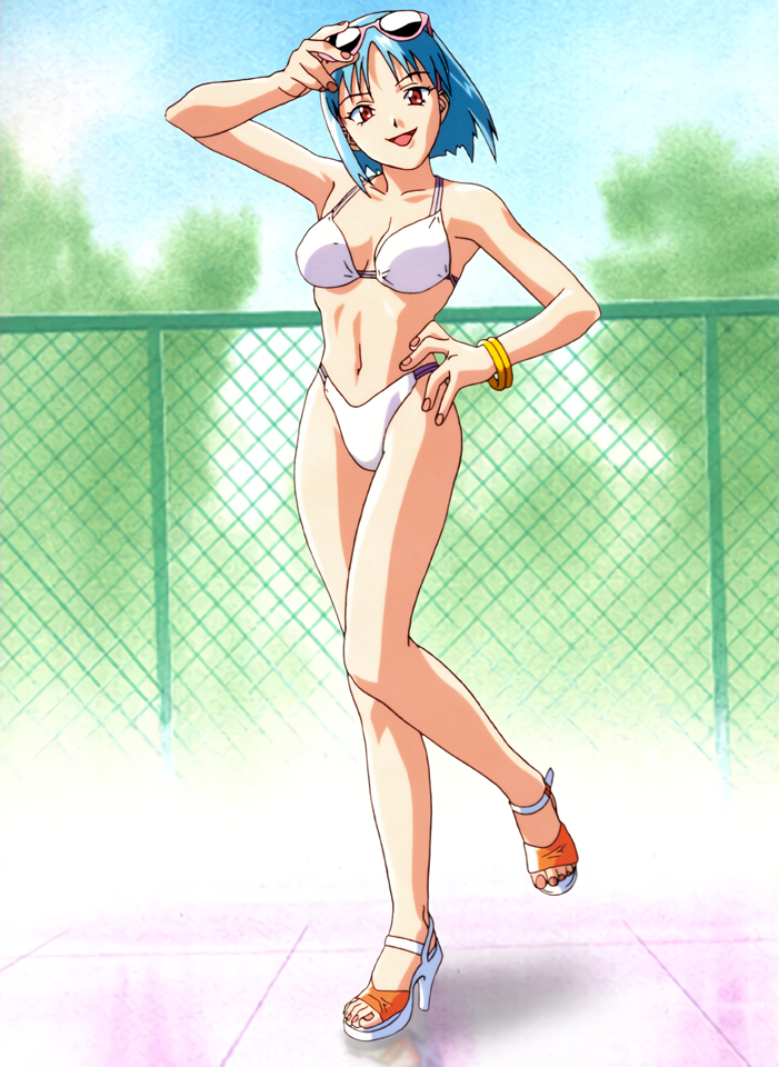 1girl arm_up bangs bikini bracelet chain-link_fence day eyewear_on_head fence full_body hand_on_hip high_heels jewelry koizumi_hitomi light_blue_hair looking_at_viewer navel non-web_source official_art open_mouth outdoors red_eyes short_hair solo standing standing_on_one_leg swimsuit white_bikini yamada_masaki zenkoku_seifuku_bishoujo_grand_prix