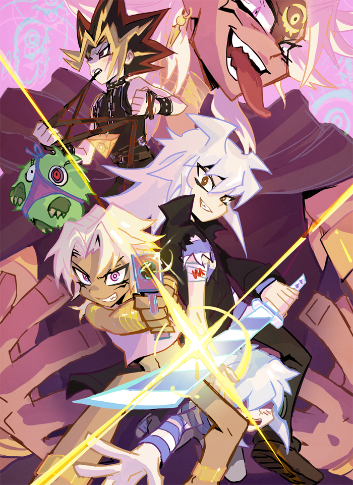 4boys bakura_(granblue_fantasy) child earrings gun hand_on_hilt holding holding_gun holding_sword holding_weapon jewelry looking_at_viewer lychi male_focus millennium_puzzle multicolored_hair multiple_boys panties panty_&amp;_stocking_with_garterbelt smile spiky_hair streaked_hair sword tongue tongue_out underwear weapon yami_bakura yu-gi-oh!
