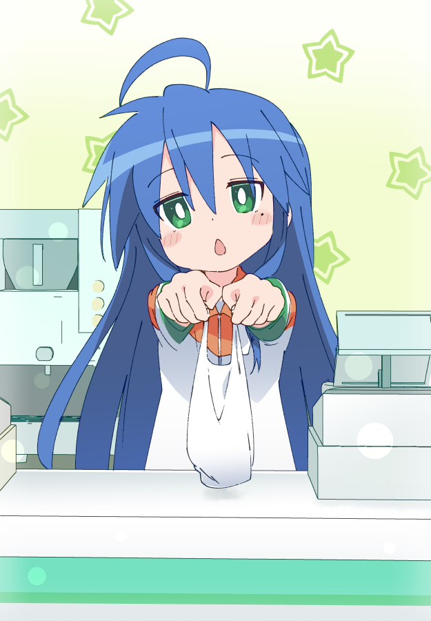 1girl ahoge bag bangs blue_hair blush_stickers bright_pupils cash_register chestnut_mouth coffee_maker_(object) convenience_store counter eyebrows_visible_through_hair foreshortening gradient gradient_background green_background green_eyes green_shirt hair_between_eyes holding holding_bag indoors ixy izumi_konata jitome long_hair looking_at_viewer lucky_star mole mole_under_eye multicolored_shirt open_mouth orange_shirt outstretched_arms plastic_bag shirt shop sidelocks solo star_(symbol) uniform upper_body very_long_hair white_background white_pupils white_shirt