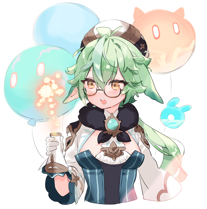 1girl animal_ears balloon bangs blush commentary_request cropped_torso fur_collar genshin_impact glasses gloves green_hair hair_between_eyes hat holding holding_balloon light_blue_hair long_hair long_sleeves multicolored_hair parted_lips ponytail sa9no seelie_(genshin_impact) simple_background slime_(genshin_impact) solo streaked_hair sucrose_(genshin_impact) teeth upper_body upper_teeth vision_(genshin_impact) white_gloves yellow_eyes