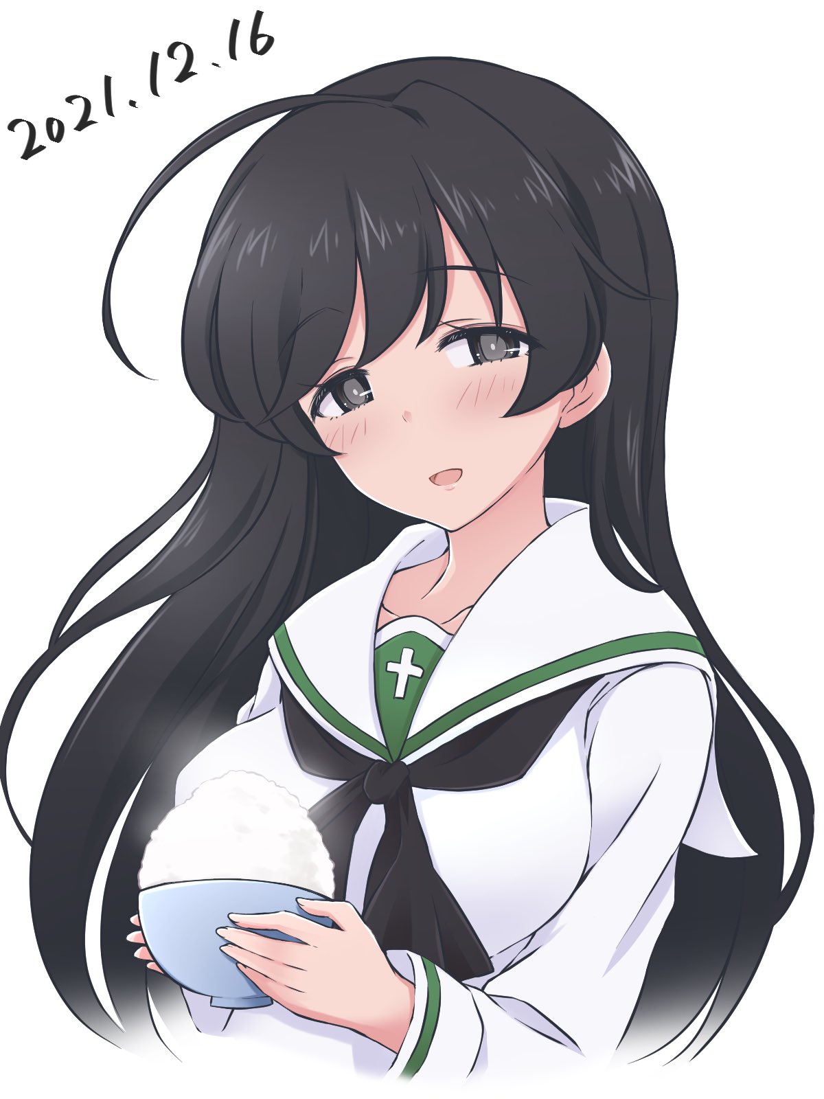 1girl :d ahoge bangs birthday black_eyes black_hair black_neckerchief blouse blush bowl eyebrows_visible_through_hair girls_und_panzer hazuki_haru highres holding holding_bowl isuzu_hana long_hair long_sleeves neckerchief ooarai_school_uniform rice_bowl sailor_collar school_uniform serafuku simple_background smile solo upper_body white_background white_blouse white_sailor_collar