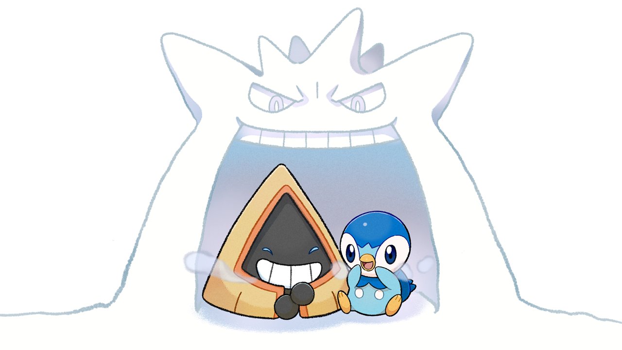 blue_eyes breath closed_eyes cold commentary_request gengar gigantamax gigantamax_gengar grin happy no_humans official_art open_mouth piplup pokemon pokemon_(creature) project_pochama sitting smile snorunt snow_sculpture teeth tongue