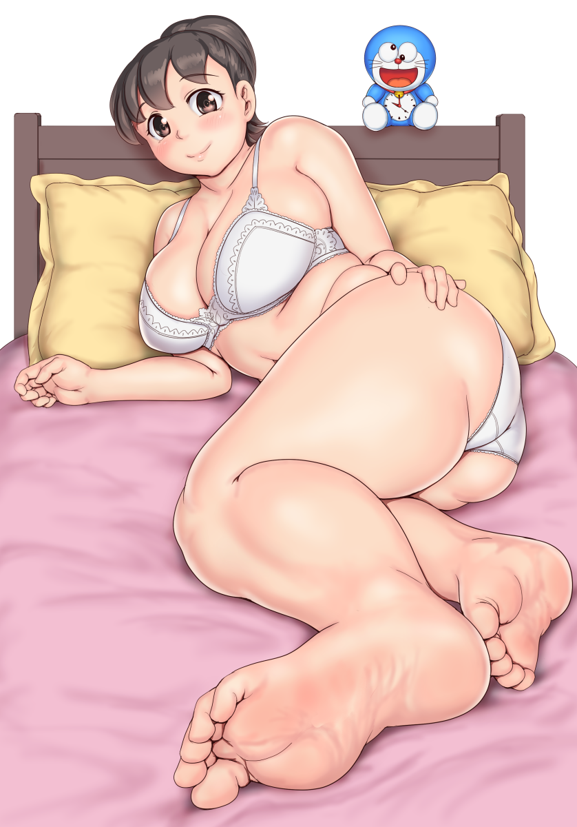 1girl arm_support bangs bed blush bra breasts brown_hair character_request clock closed_mouth commentary_request doraemon doraemon_(character) eyebrows_visible_through_hair full_body highres looking_at_viewer lying medium_hair on_side orizen panties pillow shadow soles thick_thighs thighs underwear white_background white_bra white_panties
