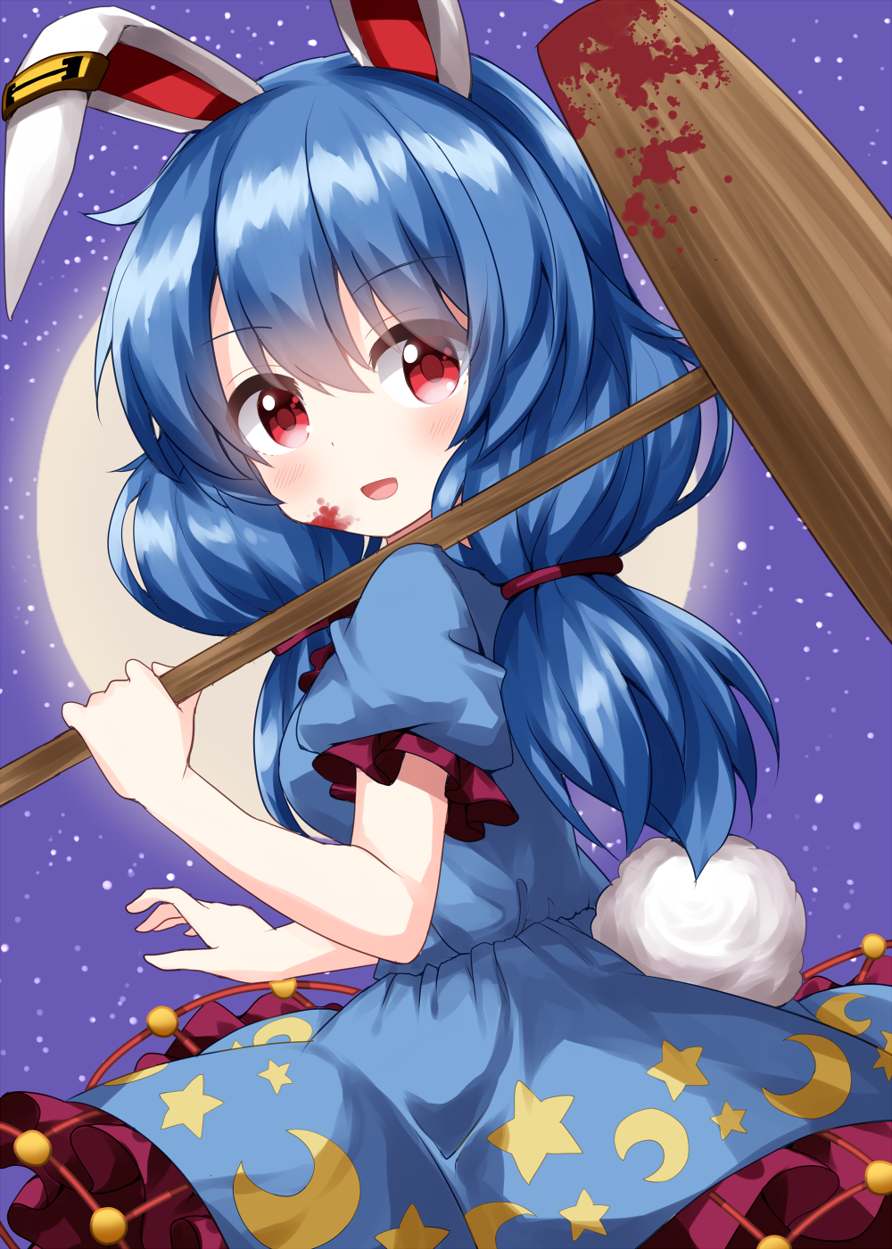 1girl ambiguous_red_liquid animal_ears blue_dress blue_hair blush crescent_print dress earclip eyebrows_visible_through_hair frilled_sleeves frills hair_between_eyes highres holding kine long_hair looking_at_viewer mallet open_mouth puffy_short_sleeves puffy_sleeves rabbit_ears rabbit_tail red_eyes ruu_(tksymkw) seiran_(touhou) short_sleeves smile solo star_(symbol) star_print tail touhou