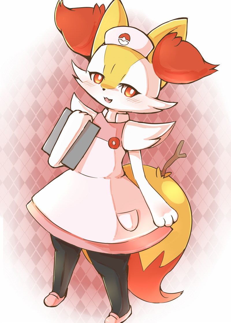 1girl :3 animal_ear_fluff animal_ears animal_hands animal_nose argyle argyle_background black_fur blush body_fur braixen clipboard clothed_pokemon commentary_request dress fang flat_chest fox_ears fox_girl fox_tail fur_collar furry furry_female hand_up happy hat holding holding_clipboard kajiura looking_at_viewer nurse nurse_cap open_mouth partial_commentary pink_dress pink_footwear pocket poke_ball_symbol poke_ball_theme pokemon pokemon_(anime) pokemon_(creature) pokemon_xy_(anime) red_background red_eyes shoes sleeveless sleeveless_dress smile snout solo stick tail white_fur yellow_fur