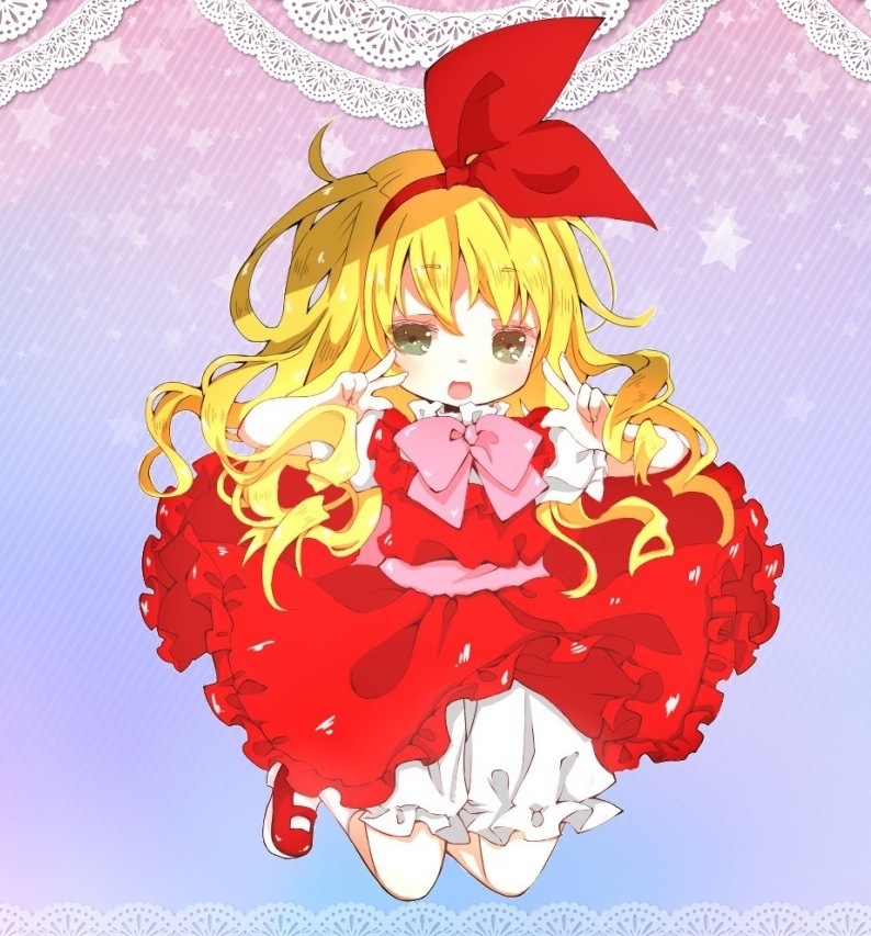 1girl bangs blonde_hair bloomers bow bowtie commentary_request double_v dress ellen_(touhou) eyebrows_visible_through_hair frilled_dress frills hair_bow hairband long_hair mary_janes pink_bow pink_bowtie pink_sash red_bow red_dress red_footwear red_hairband rrrn3l sash shoes touhou touhou_(pc-98) underwear v white_bloomers white_legwear yellow_eyes