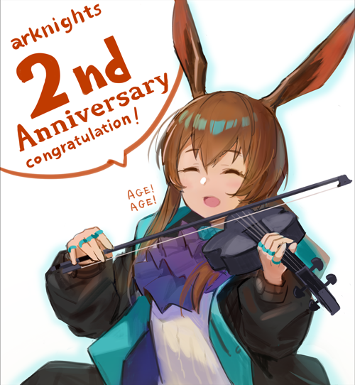 1girl :d ^_^ amiya_(arknights) animal_ear_fluff animal_ears anniversary arknights bangs black_jacket blue_outline brown_hair closed_eyes commentary_request english_text eyebrows_visible_through_hair facing_viewer hair_between_eyes holding holding_instrument instrument jacket kegani_(kegani01) long_hair long_sleeves music open_clothes open_jacket outline playing_instrument puffy_long_sleeves puffy_sleeves rabbit_ears shirt sidelocks simple_background smile solo upper_body violin white_background white_shirt