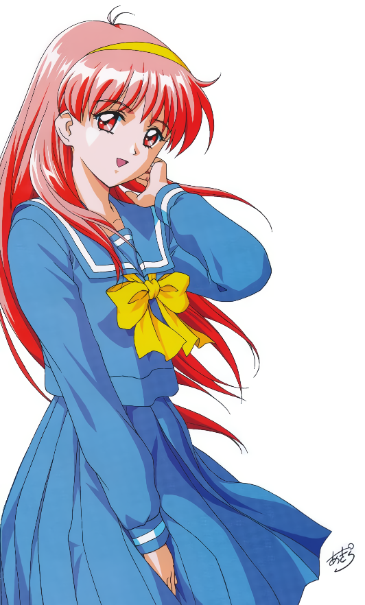 1990s_(style) 1girl bangs blue_skirt cowboy_shot eyebrows_visible_through_hair fujisaki_shiori hairband hand_on_own_face kokura_masashi long_hair long_skirt long_sleeves non-web_source official_art open_mouth pink_eyes pink_hair pleated_skirt retro_artstyle school_uniform simple_background skirt solo tokimeki_memorial tokimeki_memorial_1 white_background