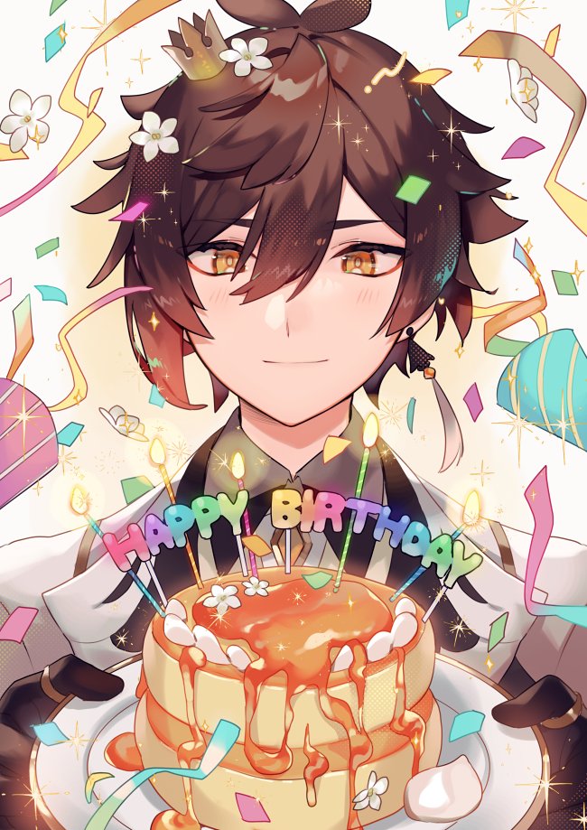 1boy bangs birthday black_gloves black_hair blush brown_hair candle coat commentary_request confetti crown earrings flower food genshin_impact gloves gradient_hair happy_birthday holding holding_plate jewelry male_focus maple_syrup mini_crown multicolored_hair orange_eyes pancake plate sa9no single_earring smile solo sparkle streamers tassel tassel_earrings upper_body white_flower zhongli_(genshin_impact)