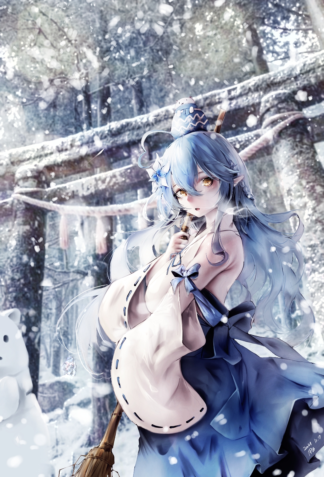 1girl :3 :o bare_shoulders blue_bow blue_hair bow broom dated detached_sleeves flower forest hair_between_eyes hair_flower hair_ornament highres hololive hug japanese_clothes long_hair looking_to_the_side miko nature open_mouth pointy_ears pparus shrine signature snow snowing snowman solo tree virtual_youtuber white_sleeves wide_sleeves yellow_eyes yukihana_lamy