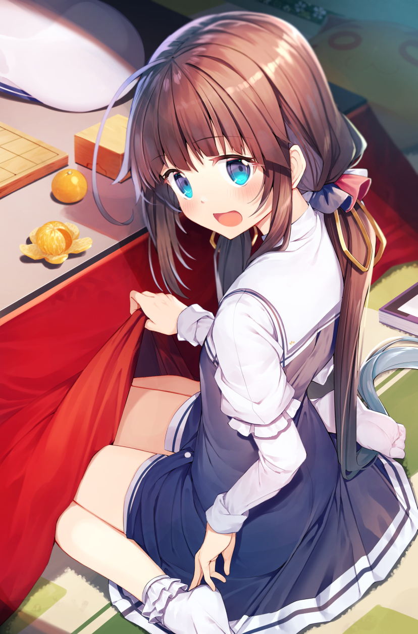 1girl :d bangs beret blue_dress blue_eyes bobby_socks brown_hair commentary_request dress eyebrows_visible_through_hair food frilled_legwear fruit gurasion_(gurasion) hat hat_removed headwear_removed highres hinatsuru_ai indoors kotatsu layered_sleeves long_hair long_sleeves looking_at_viewer looking_back low_twintails mandarin_orange no_shoes ryuuou_no_oshigoto! short_over_long_sleeves short_sleeves sitting sleeveless sleeveless_dress smile socks soles solo table twintails very_long_hair wariza white_headwear white_legwear
